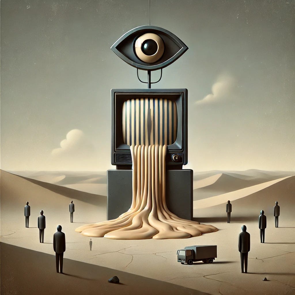 A minimalist surreal digital artwork in the style of Salvador Dalí, focusing on the theme of media and the manufacturing of consent. The composition features a single melting television screen with subtle distortions, placed in an empty, barren desert. A shadowy mechanical eye hovers above, its presence ominous but understated. Around the screen, a few faceless figures in muted grays and browns stand as if entranced. The palette is subdued with soft earth tones, grays, and faint hints of light, creating a calm yet unsettling atmosphere. The background is a simple, overcast sky fading into the horizon.