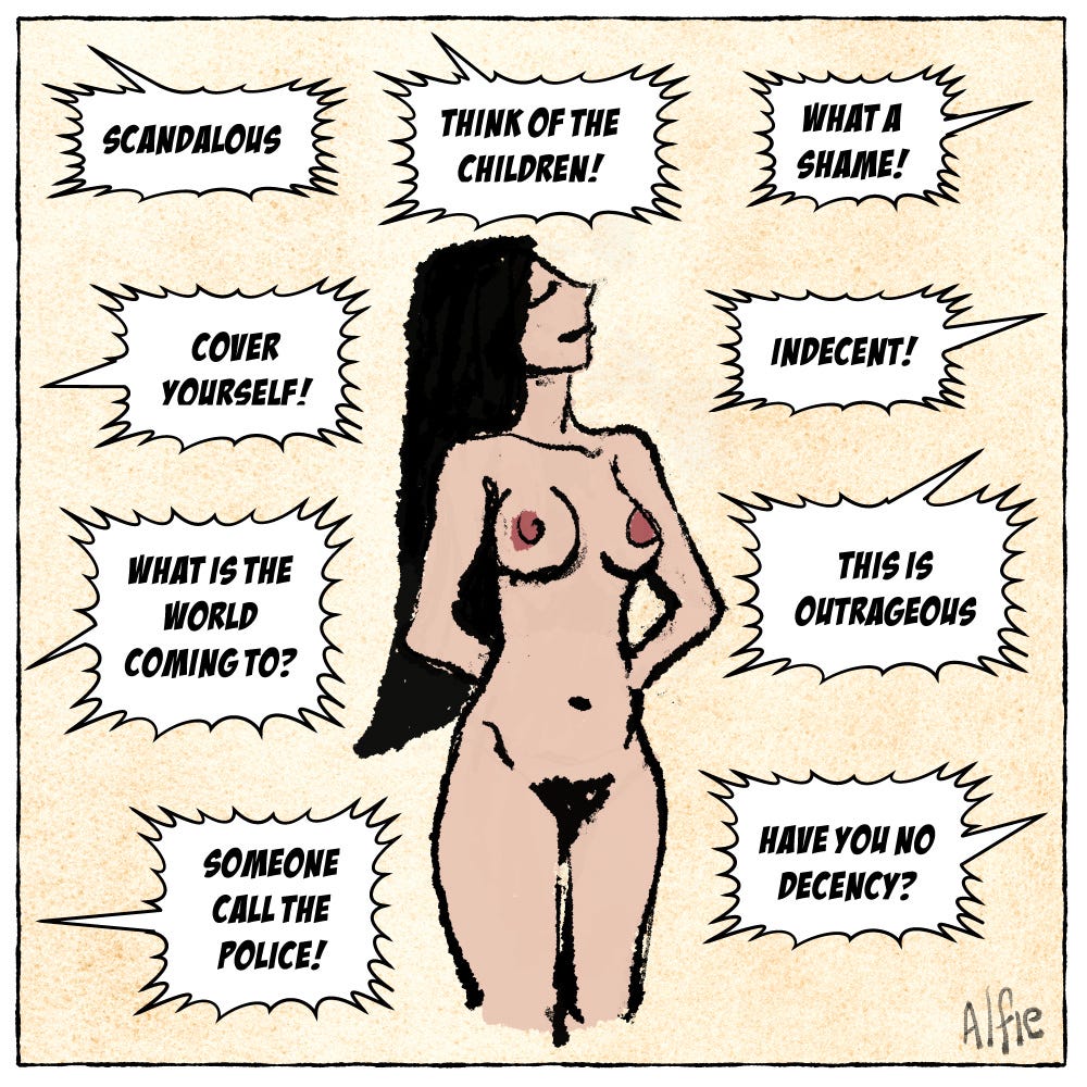 Satirical comic panel by A Life Doodler showing a confident naked woman ignoring loud speech bubbles of public outrage and moral panic. Satirical comic panel by A Life Doodler showing a confident naked woman ignoring loud speech bubbles of public outrage and moral panic.