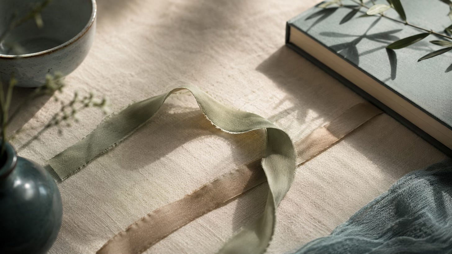 Layered ribbons and soft shadows on linen, suggesting an old emotional pattern beneath a present-day trigger.
