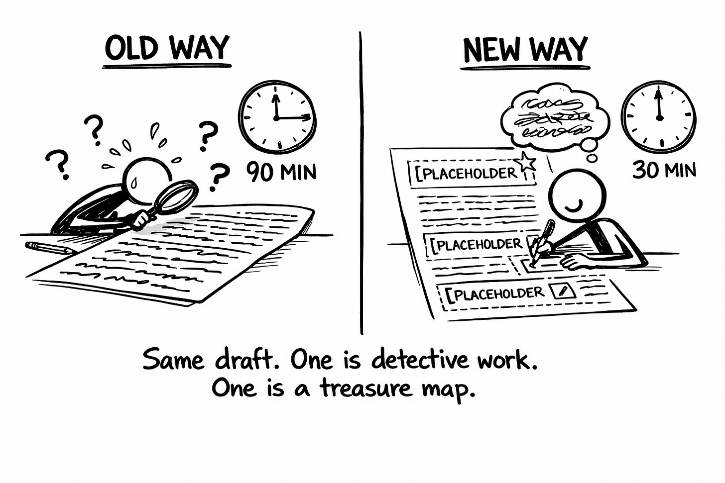 Hand-drawn comparison illustration of two editing workflows. Left side labeled “OLD WAY” shows a stressed stick figure using a magnifying glass to hunt through a long document with question marks and a clock reading 90 minutes. Right side labeled “NEW WAY” shows a relaxed stick figure filling clearly marked placeholders in a document, clock reading 30 minutes. Diagram about efficient AI-assisted editing.