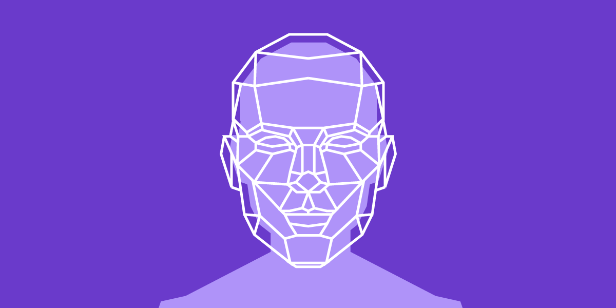 A computer graphic outline of the headshot of a person in light purple on a dark purple background with connecting white lines showing the structure of the person's face.