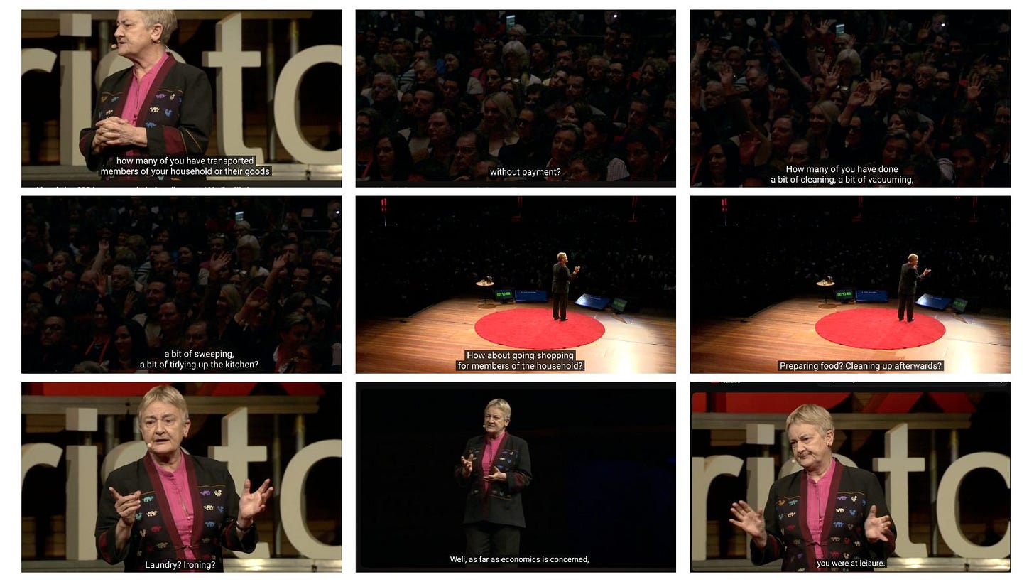 Collage of still images from a TED Talk by economist Marilyn Waring, showing her speaking on stage and asking the audience questions about unpaid household labour such as cleaning, cooking, shopping, and caregiving, with audience members raising their hands in response. Collage of still images from a TED Talk by economist Marilyn Waring, showing her speaking on stage and asking the audience questions about unpaid household labour such as cleaning, cooking, shopping, and caregiving, with audience members raising their hands in response.