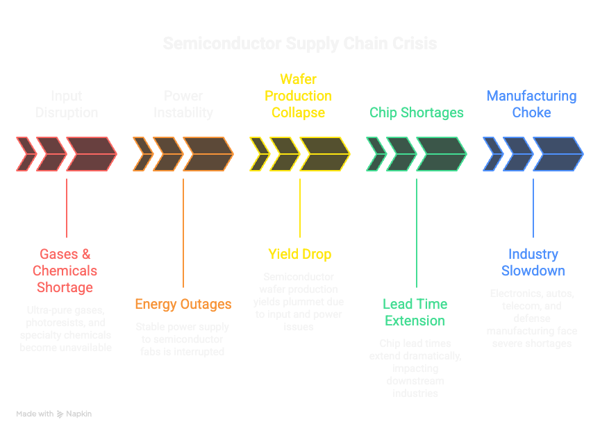 Semiconductor supply chain crisis flowchart showing disruptions from shortages to manufacturing delays