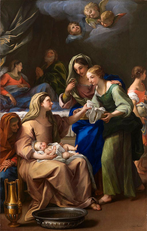 Painting showing Saint Anne in bed and the infant Mary being cared for by several women