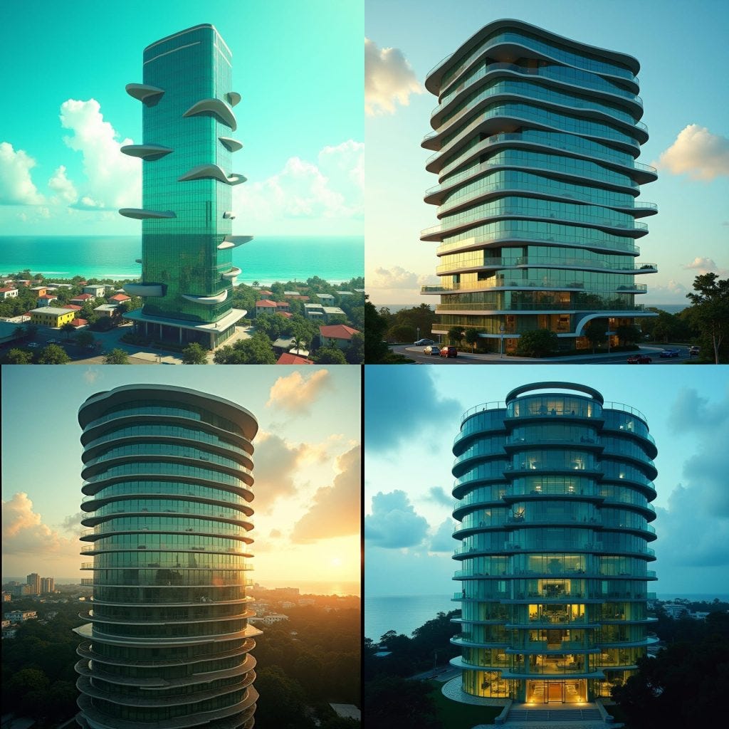 modern round glass 10 story commerical tower in jamaica, with protuding windows and platforms, caribbean