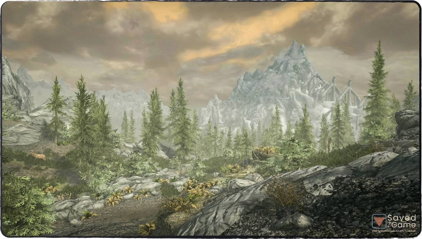 An image showing the landscape after leaving Helgen!
