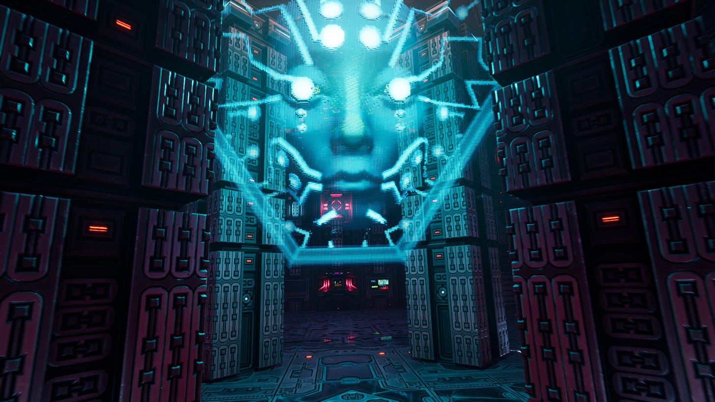 A screenshot of the game System Shock in its remake version of 2023. It shows the circle of hardware around the AI SHODAN in its holographic blue form.