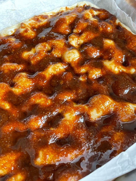 Danish Brunsviger made with sourdough and brown sugar and butter topping