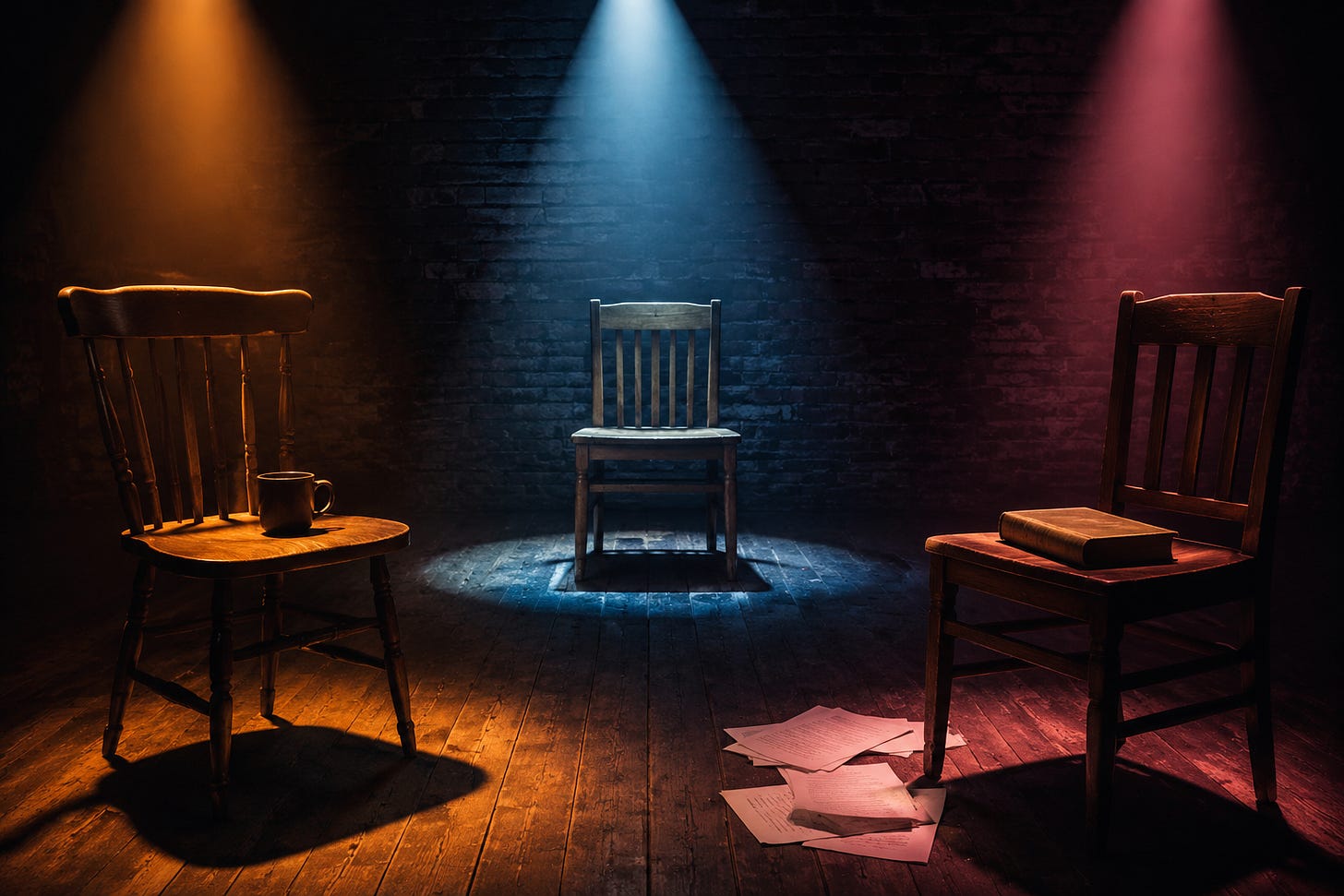 Three empty wooden chairs arranged in a triangle on a dimly lit black box theater stage, each lit by a single overhead spotlight in amber, blue, and rose, with scattered script pages on the floor