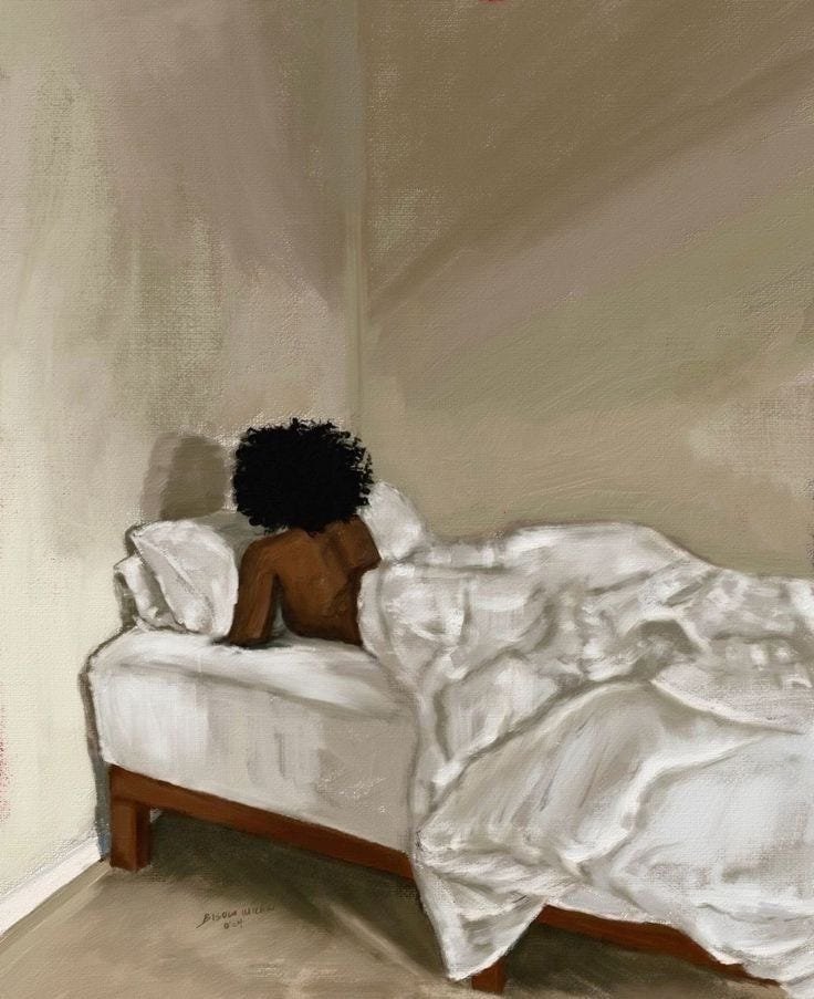 woman reclining in bed, facing wall. alone not lonely by bisola michal woman reclining in bed, facing wall. alone not lonely by bisola michal