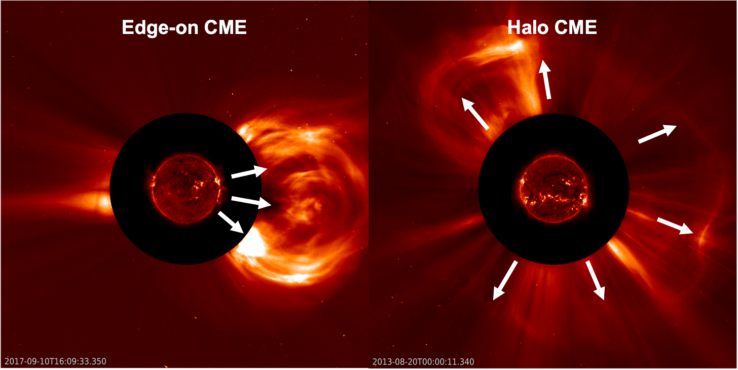 Historic examples of an edge-on (left) and halo (right) CME.
