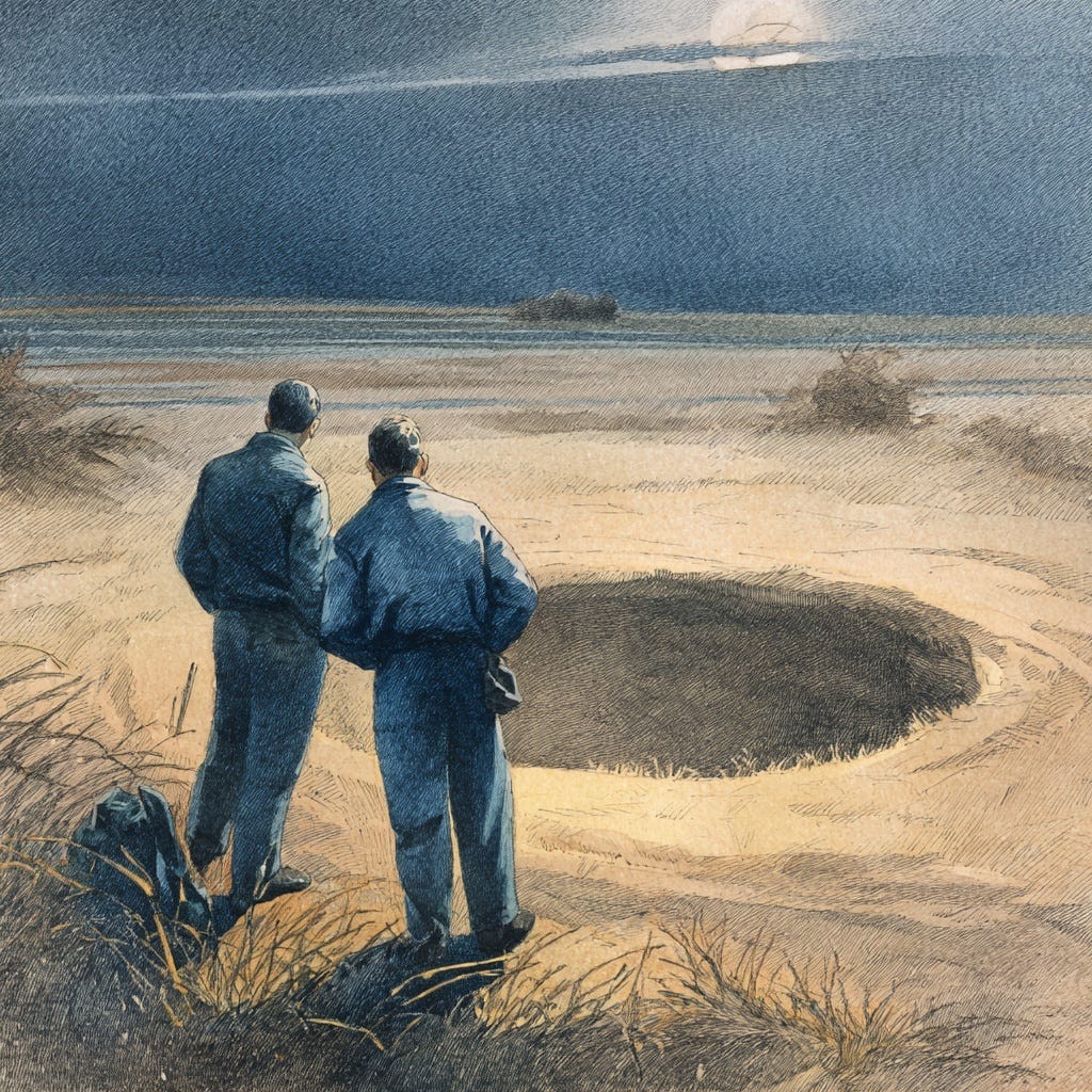 intage editorial watercolor illustration of two corrective operations agents standing beside a field crater under moonlight, muted neutrals, cream paper texture, slight surreal unease