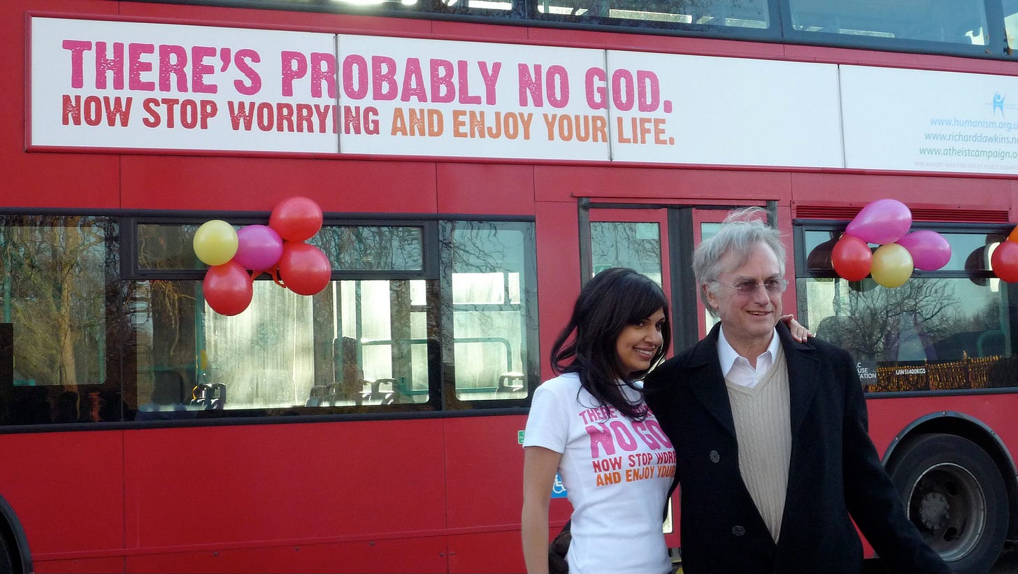 Ariane Sherine and Richard Dawkins in front of the atheist bus