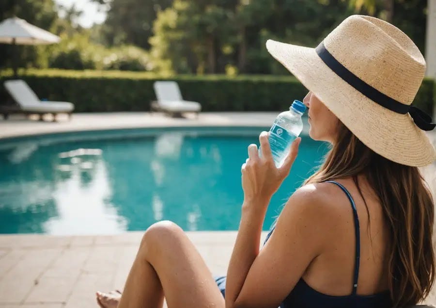 A woman relaxing by a pool, wearing a hat while holding a water bottle.