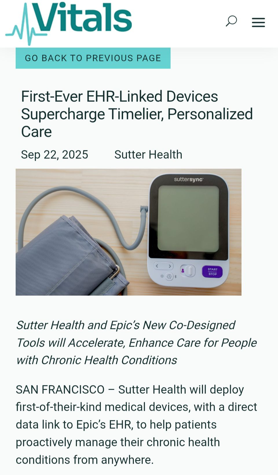 Sutter Sync Program Epic Goes Native with Device Data - by Brendan Keeler