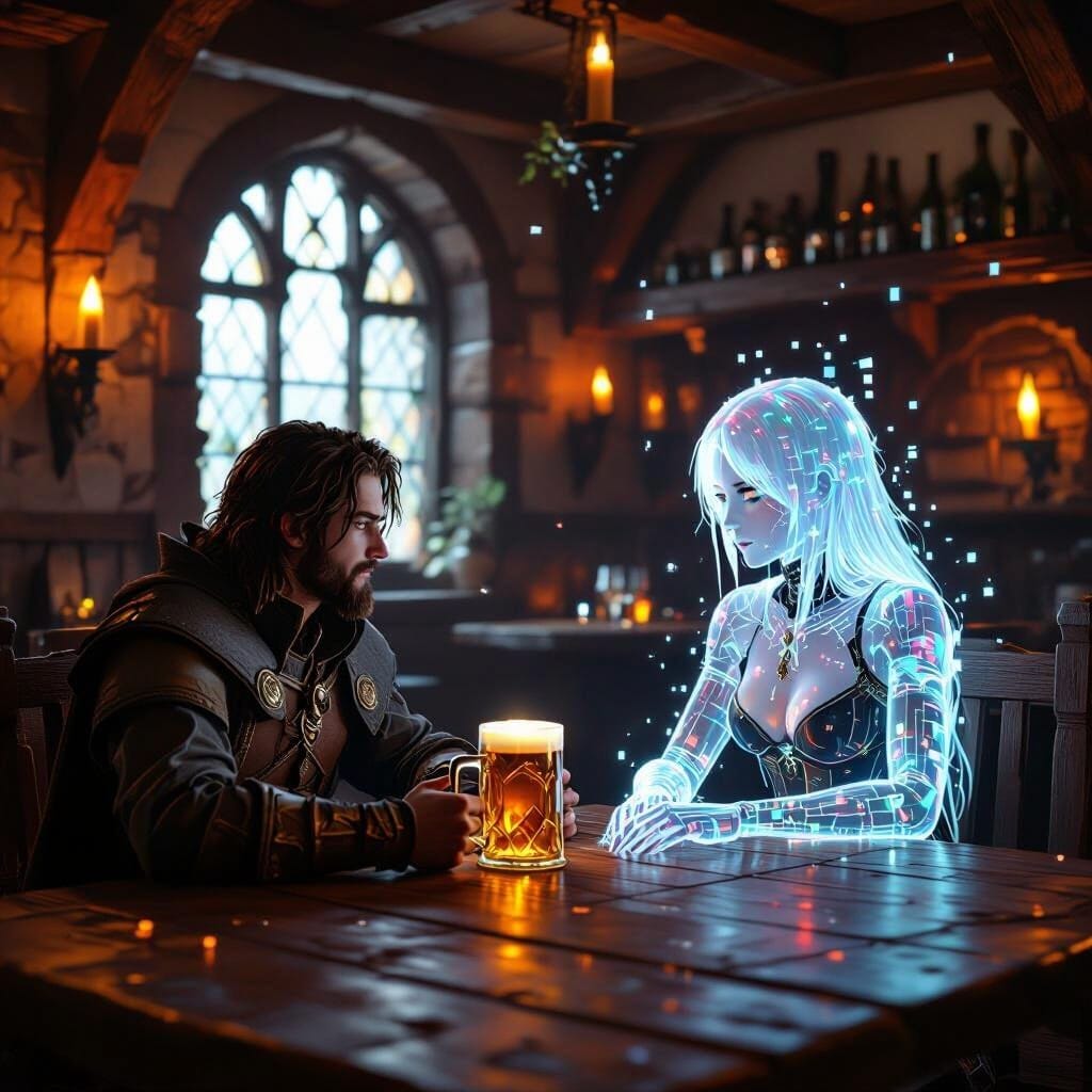 A warm, cozy interior of a medieval fantasy tavern, but heavily glitch-modulated. A real human user is sitting at a wood...