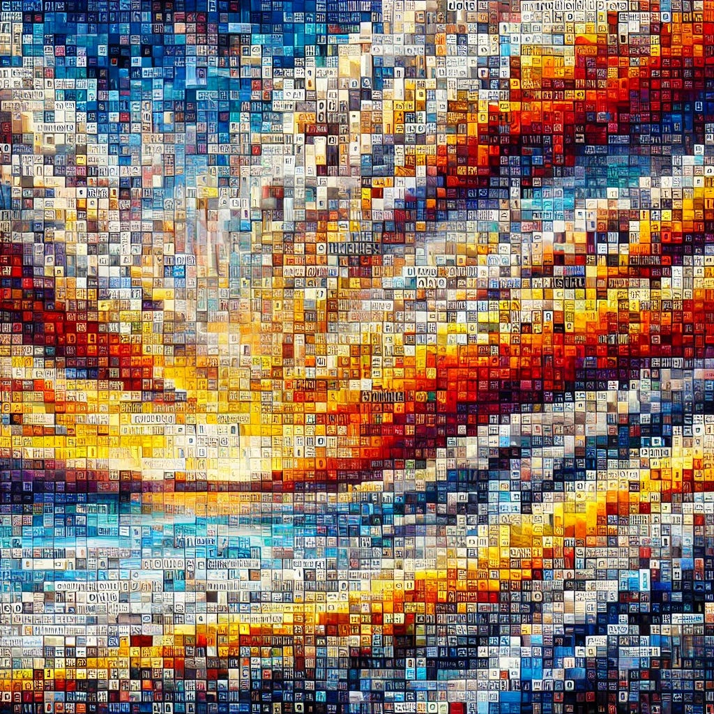 A creative and metaphorical representation of the phrase 'An Image is Worth 16x16 Words'. The artwork features a large, vibrant image composed of small squares, each containing a single word, making up a grid of 16x16 words that collectively resemble a meaningful scene. The scene should be rich in colors and textures, possibly depicting a landscape or a complex abstract design that subtly forms a recognizable shape when viewed from a distance. A creative and metaphorical representation of the phrase 'An Image is Worth 16x16 Words'. The artwork features a large, vibrant image composed of small squares, each containing a single word, making up a grid of 16x16 words that collectively resemble a meaningful scene. The scene should be rich in colors and textures, possibly depicting a landscape or a complex abstract design that subtly forms a recognizable shape when viewed from a distance.