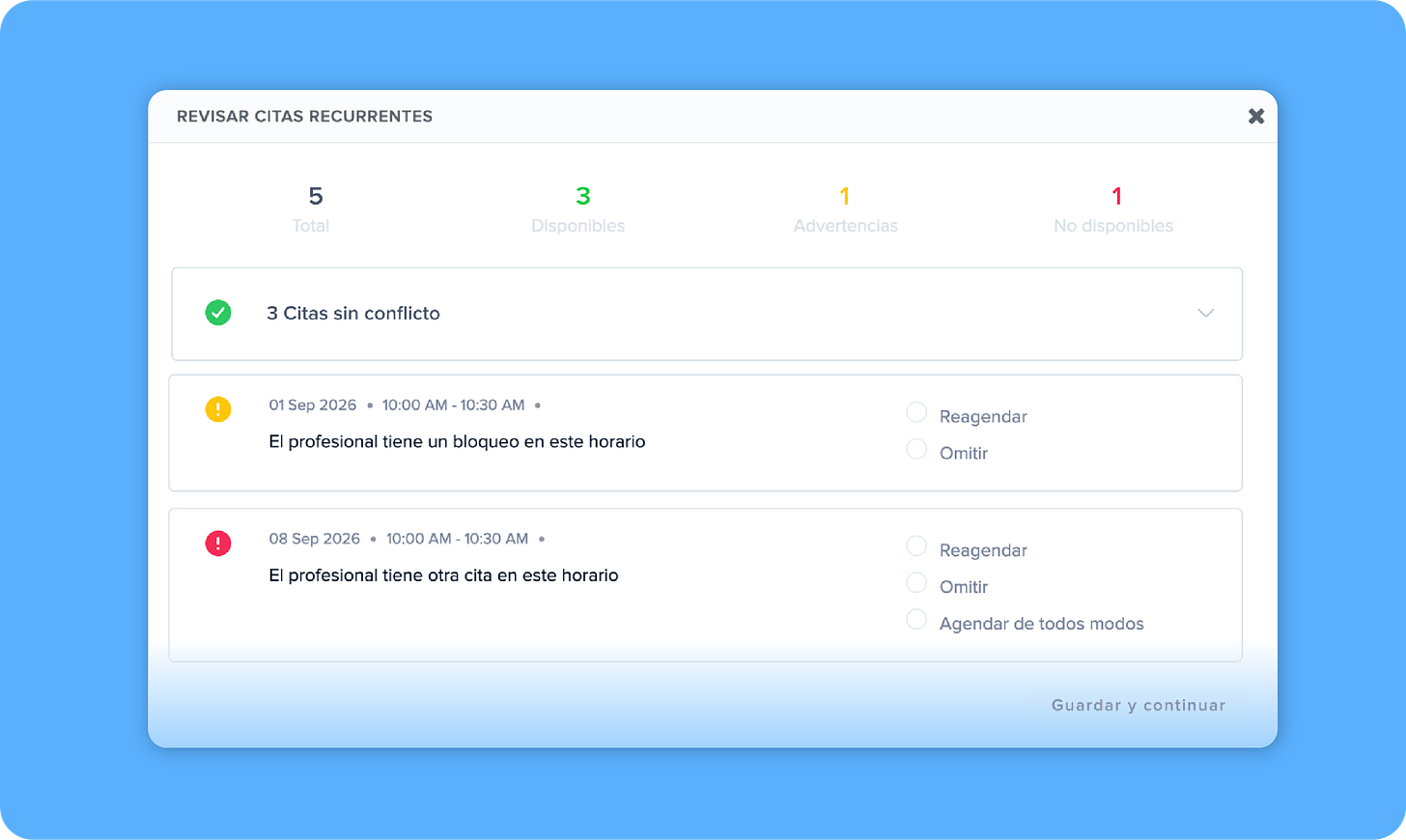 Revisión de citas recurrentes con fechas disponibles y opciones para resolver conflictos de horario Revisión de citas recurrentes con fechas disponibles y opciones para resolver conflictos de horario