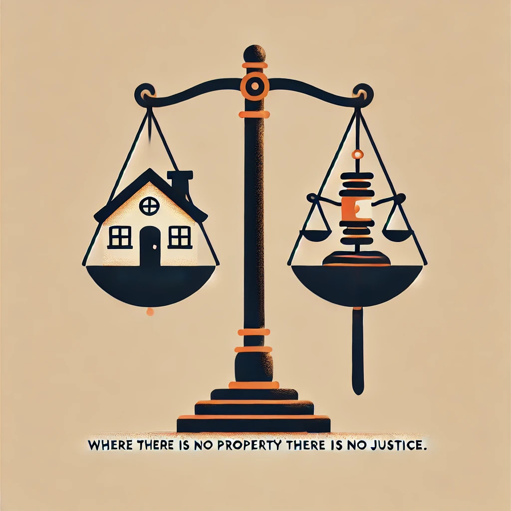 Create a simple and symbolic image to represent the concept 'Where There Is No Property There Is No Justice' as discussed by Hayek. Depict a balanced scale with property, such as a key or house, on one side and a symbol of justice, like a gavel or scales, on the other. Show the scale perfectly balanced to emphasize the connection between property rights and justice. Use minimal, meaningful colors to convey the importance of this relationship in maintaining societal order.