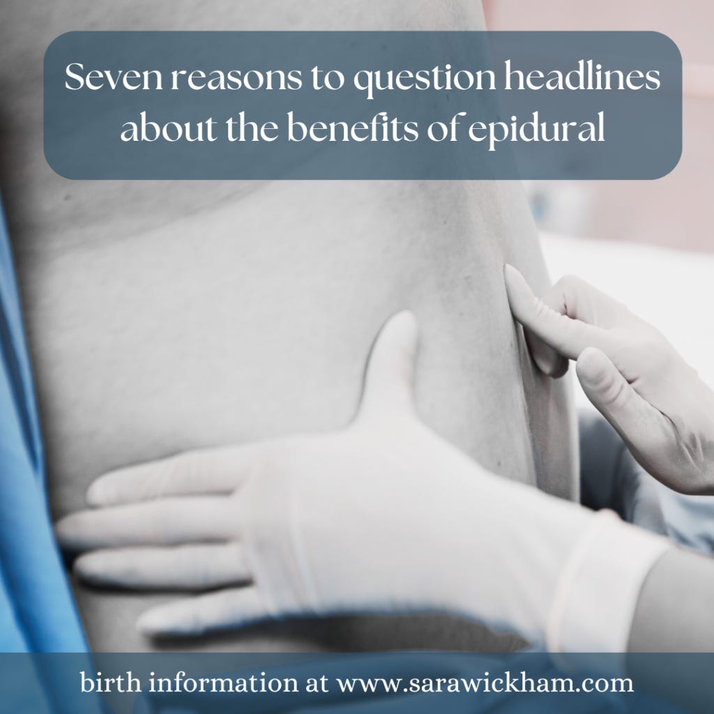 A close-up image of a gloved medical provider’s hands touch a pregnant belly. There is text at the top reading, “Seven reasons to question headlines about the benefits of epidural,” and the bottom reads, “birth information at www.sarawickham.com.”