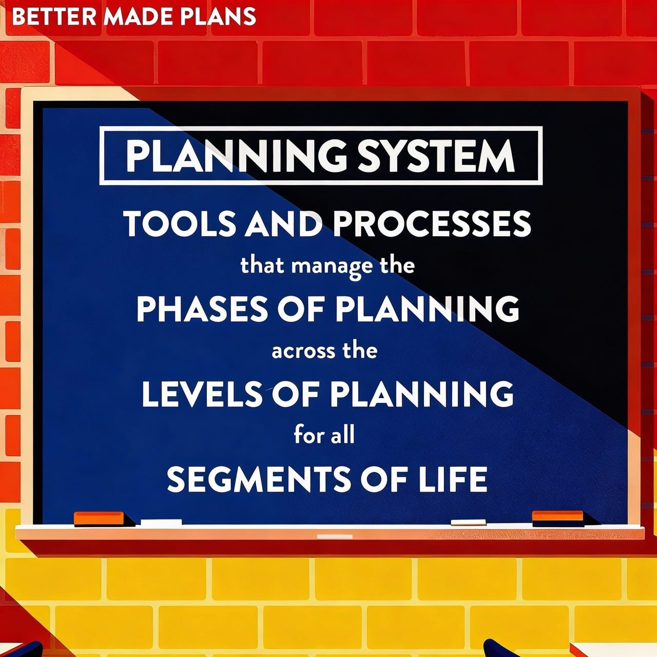 Illustration of a chalkboard with the title "PLANNING SYSTEM" on top that says: Tools and processes that manage the phases of planning across the levels of planning for all segments of life. Illustration of a chalkboard with the title "PLANNING SYSTEM" on top that says: Tools and processes that manage the phases of planning across the levels of planning for all segments of life.