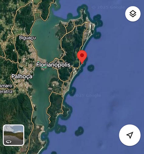 Three Google Maps screenshots zooming out in sequence from Galheta Beach to reveal its location on the Atlantic Coast of Brazil.