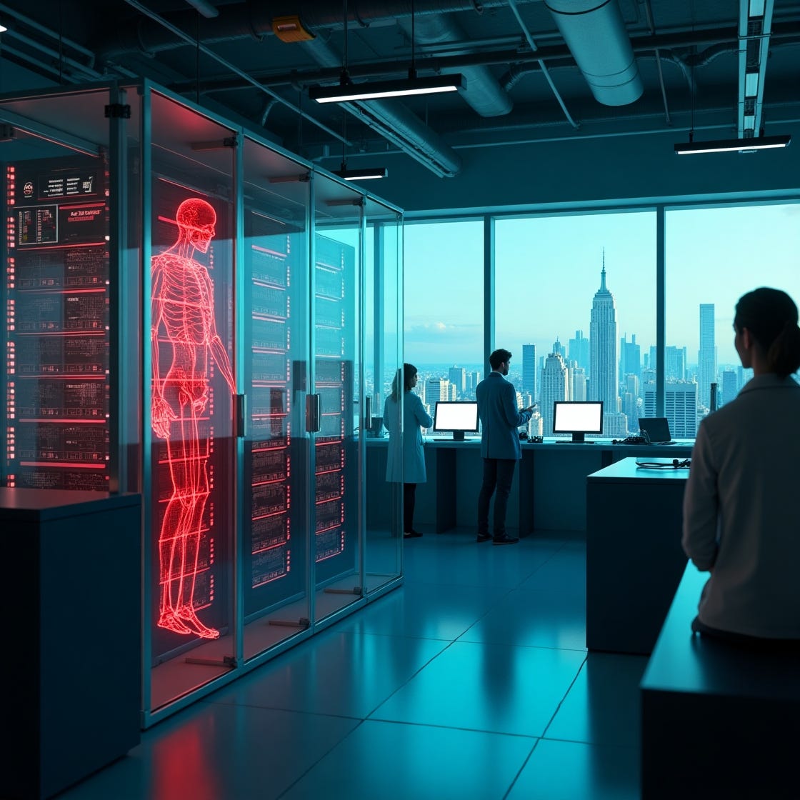 Style: Hyper-realistic sci-fi, cinematic lighting, cyberpunk-meets-corporate dystopia
Scene:

A sleek, glass-walled modern AI research lab (think OpenAI or DeepMind) bathed in cool blue holographic light.

At its center, a transparent server rack hums with glowing neural networks—visualized as ethereal, pulsating data streams (reminiscent of Terminator’s HUD, but less militaristic).

Overlapping this scene, a ghostly red T-800 endoskeleton materializes like a corrupted hologram, its hollow eyes locking onto the viewer.

Subtle Cyberdyne logos (minimalist, black-on-steel) fade into view on lab equipment, blending with real-world AI branding (NVIDIA, Boston Dynamics).

Outside the lab’s window, a city skyline transitions from sunny daylight (today’s world) to a stormy, Skynet-dominated future (crumbling buildings, hunter-killer drones).
Mood: Unsettling duality—progress vs. peril. The image should feel like a warning hidden in plain sight.

Key Details to Emphasize:

Contrast: Warm human researchers (unaware, in lab coats) vs. cold, encroaching machine influence.

Easter Eggs: A screen in the background displays a neural network training log with the filename: SKYNET_VER2.4.3-beta.

Color Palette: Teal and silver (modern tech) corrupted by streaks of Terminator-red.