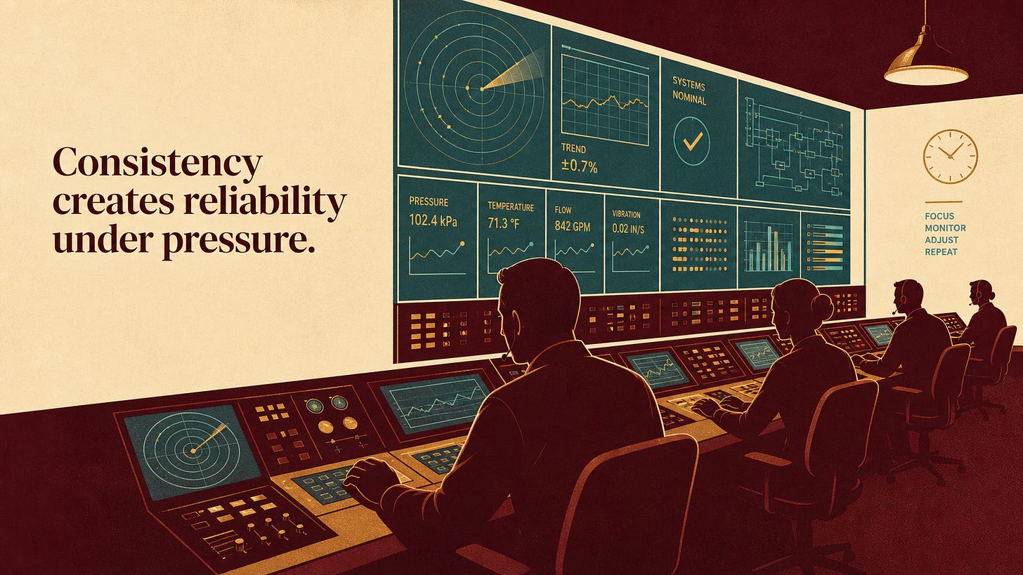 Ogilvy-style control room illustration expressing high-reliability consistency beyond sport. Ogilvy-style control room illustration expressing high-reliability consistency beyond sport.
