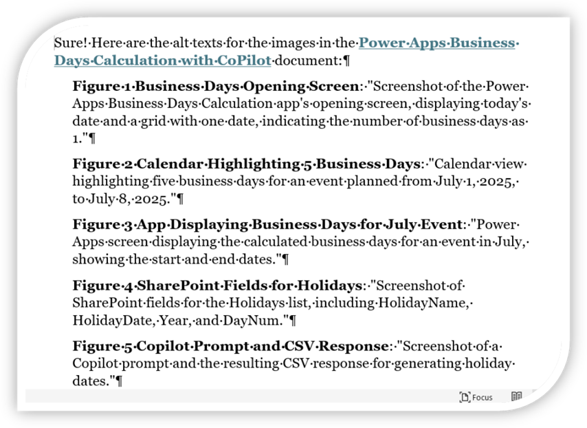 An image of Copilot generating Alt Text for an article. The image includes a list of Alt Text descriptions. An image of Copilot generating Alt Text for an article. The image includes a list of Alt Text descriptions.
