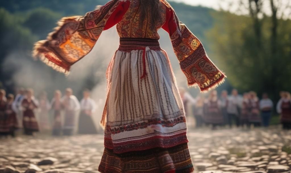 The image shows a person wearing traditional clothing, which appears to be a dress with intricate patterns and embroidery. The dress has long sleeves with detailed designs, and the fabric seems to be richly colored with reds, browns, and golds. The person is standing with their arms raised, and the background is blurred, suggesting an outdoor setting with people in the distance.