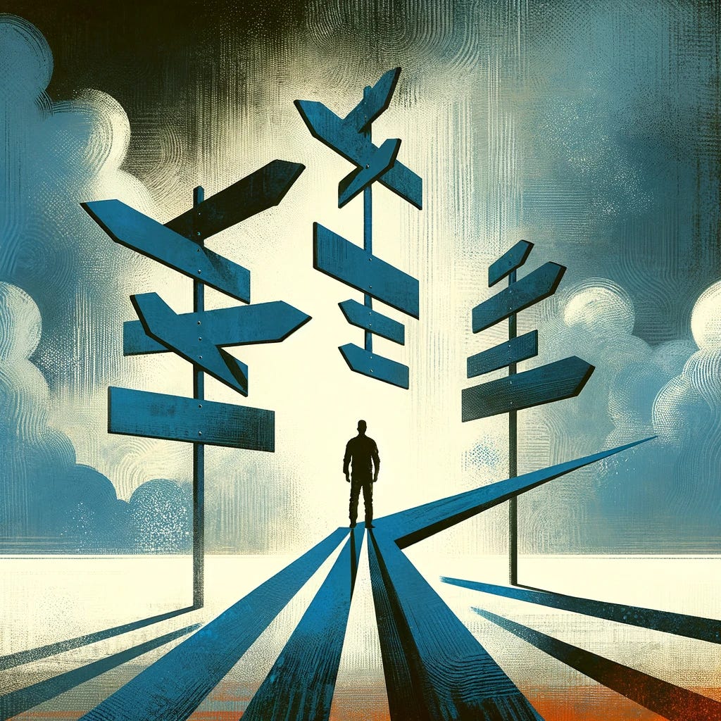 Create an image that visually represents the concept of 'The Risk of Being Wrong'. The image should depict a symbolic representation of uncertainty and the potential consequences of making incorrect decisions. Visual elements might include a figure standing at a crossroads, looking at signs pointing in opposite directions, or a person balancing on a tightrope to symbolize the precarious nature of decision-making. The style should be abstract and thought-provoking, with a focus on conveying the theme of risk and uncertainty.