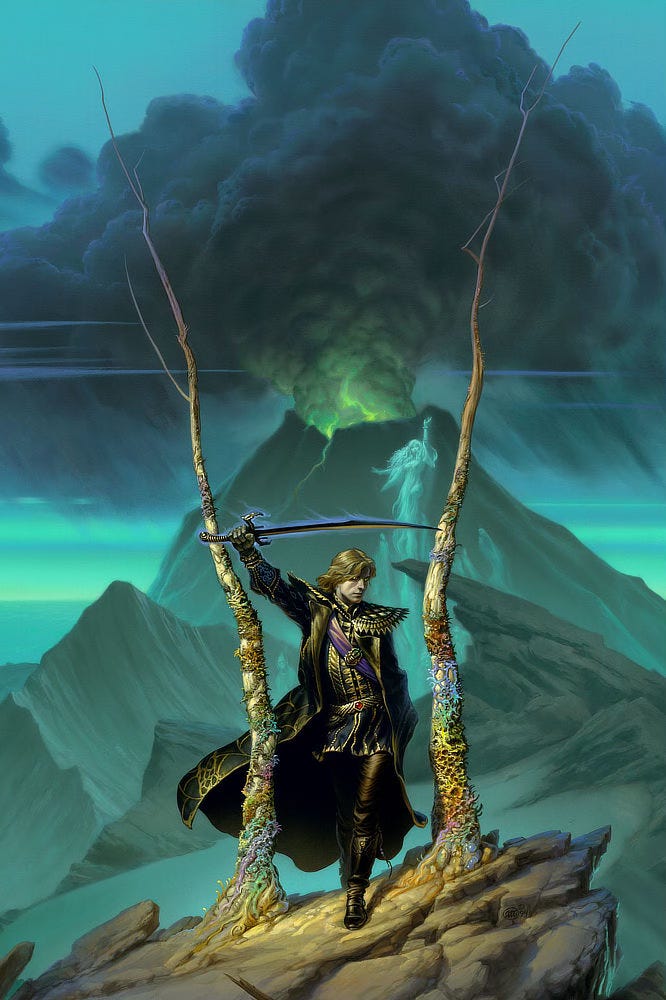 An elegant man with shoulder length blonde hair and eyes glinting gold strides between a pair of trees barren of leaves but colored by alien lichen creeping up the trunk. He holds aloft a black sword drenched in purple flame. The edge rides a sinuous curve peaking high then retreating to upturned quillons and a curved grip tapering thin in the middle. The modest flames stand in contrast to shaded greens that tint the mountains behind him. His bearing is regal; his clothes made of fine black leather with gold trim and filigree. A purple sash runs beneath his long jacket, which sways trailing his motion. Behind him ephemeral spirits rise—the most prominent female with one arm and one knee raised. A volcano dominates the background, billowing smoke as it roils with electric green flame. An elegant man with shoulder length blonde hair and eyes glinting gold strides between a pair of trees barren of leaves but colored by alien lichen creeping up the trunk. He holds aloft a black sword drenched in purple flame. The edge rides a sinuous curve peaking high then retreating to upturned quillons and a curved grip tapering thin in the middle. The modest flames stand in contrast to shaded greens that tint the mountains behind him. His bearing is regal; his clothes made of fine black leather with gold trim and filigree. A purple sash runs beneath his long jacket, which sways trailing his motion. Behind him ephemeral spirits rise—the most prominent female with one arm and one knee raised. A volcano dominates the background, billowing smoke as it roils with electric green flame.