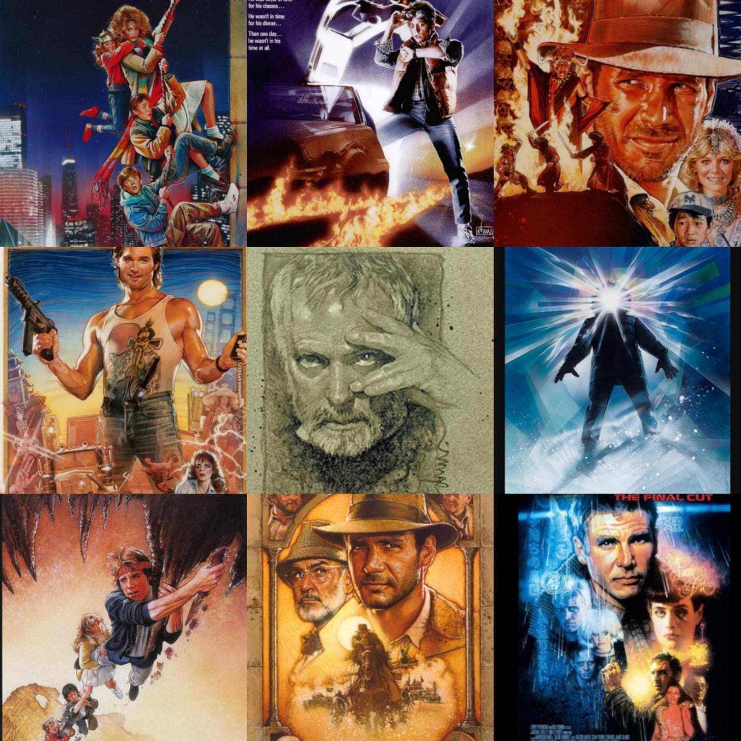 Image of movie posters and a self portrait of Drew Struzan