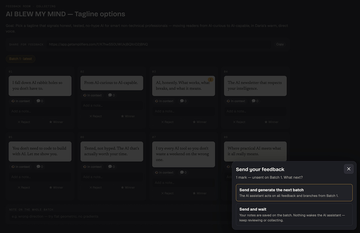 Creative Feedback Loop room showing a shareable review link and the option to send feedback without generating the next batch.