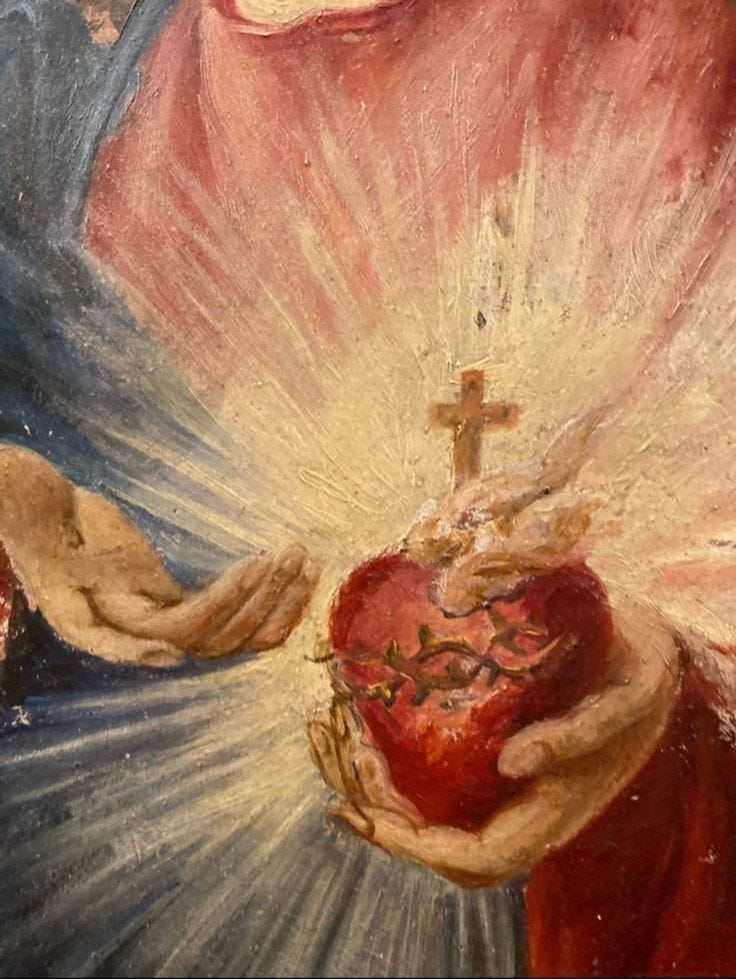 This may contain: an image of a painting with hands holding a heart and the cross on it's chest