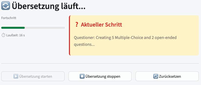 Live trace: the Questioner is creating five multiple-choice and two open-ended comprehension questions Live trace: the Questioner is creating five multiple-choice and two open-ended comprehension questions