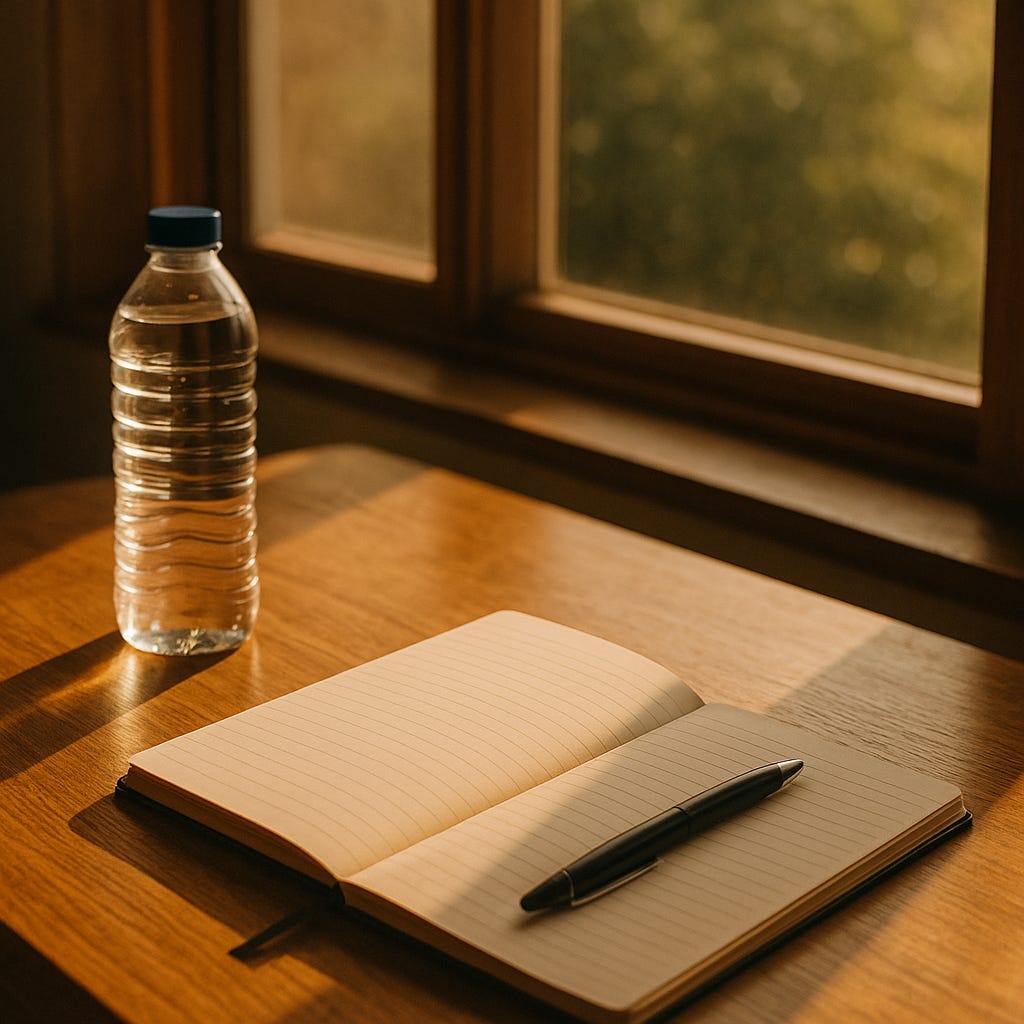 A journal and pen sit in warm morning light beside a bottle of water, symbolizing peace, clarity, and obedience in the writing journey. The quiet setting reflects the calm that comes when focus replaces chaos.