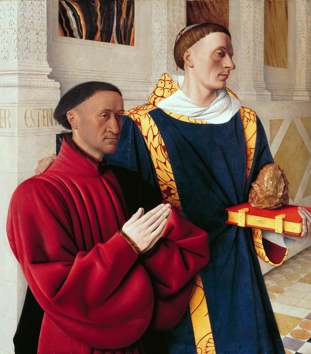 A kneeling man in red praying, presented by a deacon saint holding a book and a stone, in an Italian style interior. A kneeling man in red praying, presented by a deacon saint holding a book and a stone, in an Italian style interior.