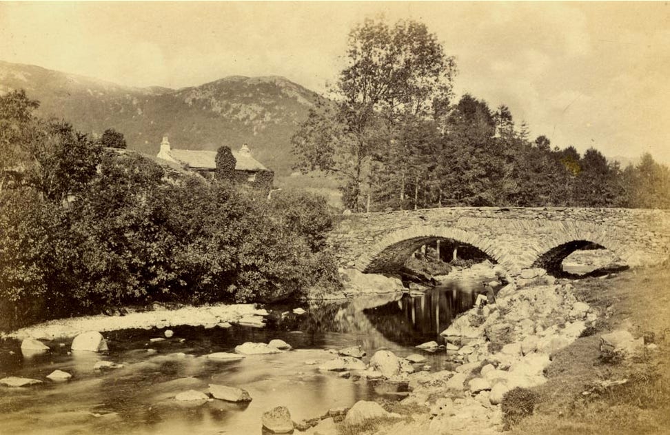 Old photo, river, stone bridge