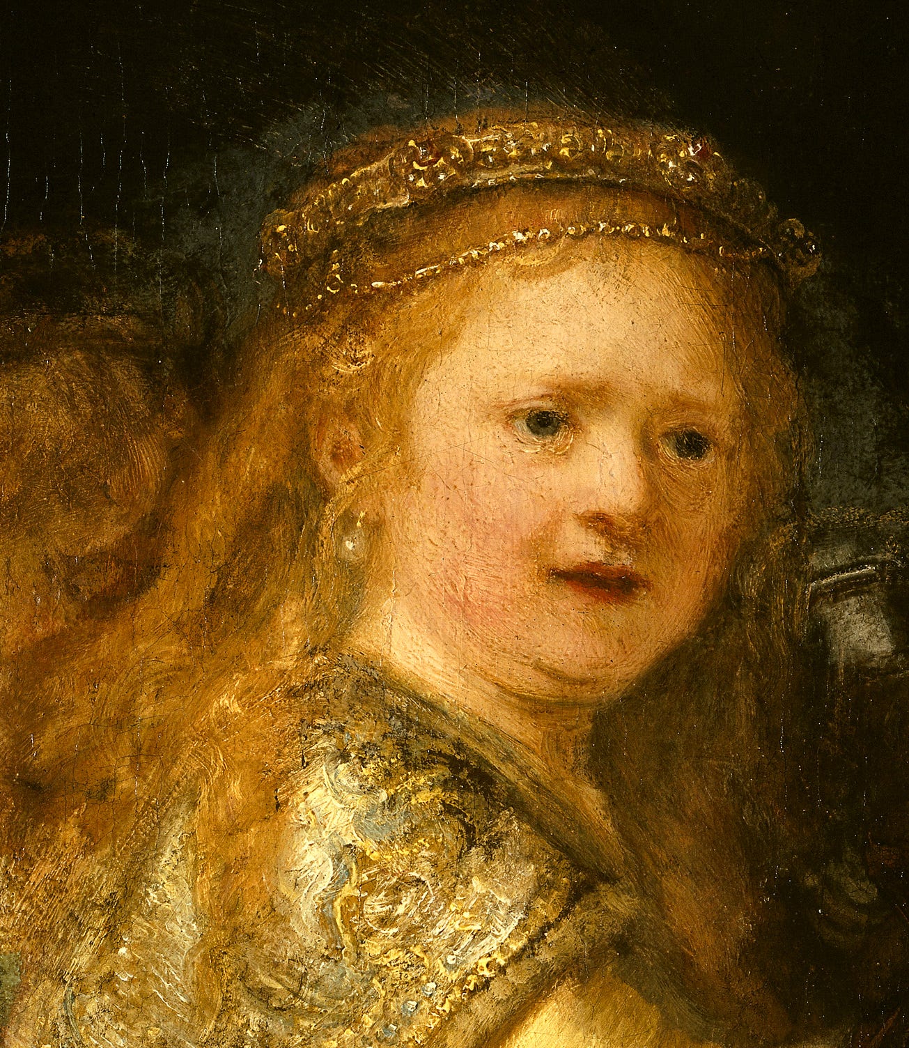 Detail of The Night Watch by Rembrandt: a girl in gold with a dead chicken hanging at her waist Detail of The Night Watch by Rembrandt: a girl in gold with a dead chicken hanging at her waist