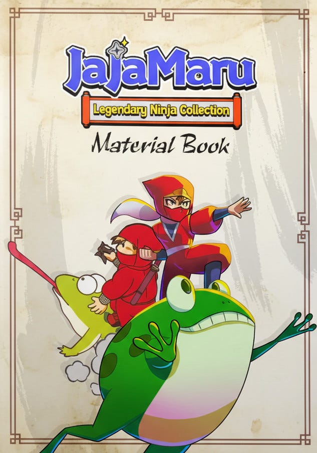 Book cover titled “JaJaMaru Legendary Ninja Collection – Material Book” on a parchment-style background with decorative borders. Two cartoon ninjas in red and orange outfits pose dynamically while riding on a large green frog with wide eyes and outstretched limbs. A small green shark-like creature follows behind them, adding to the playful, colorful illustration.