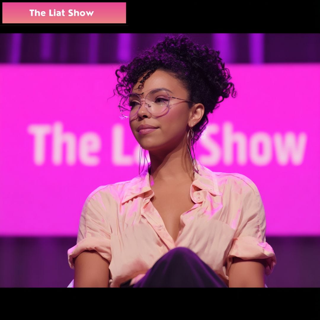 Liat Portal for The Liat Show captures a speaker seated in front of a vivid pink backdrop displaying The Liat Show logo. The composed posture, thoughtful expression, and professional setting reflect how The Liat Show creates a space for stories, ideas, and cultural conversations to be shared on stage, bridging education, creativity, and global dialogue.