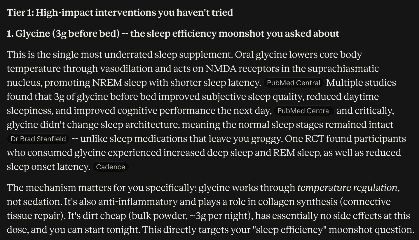 Text about glycine supplement for improving sleep efficiency.
