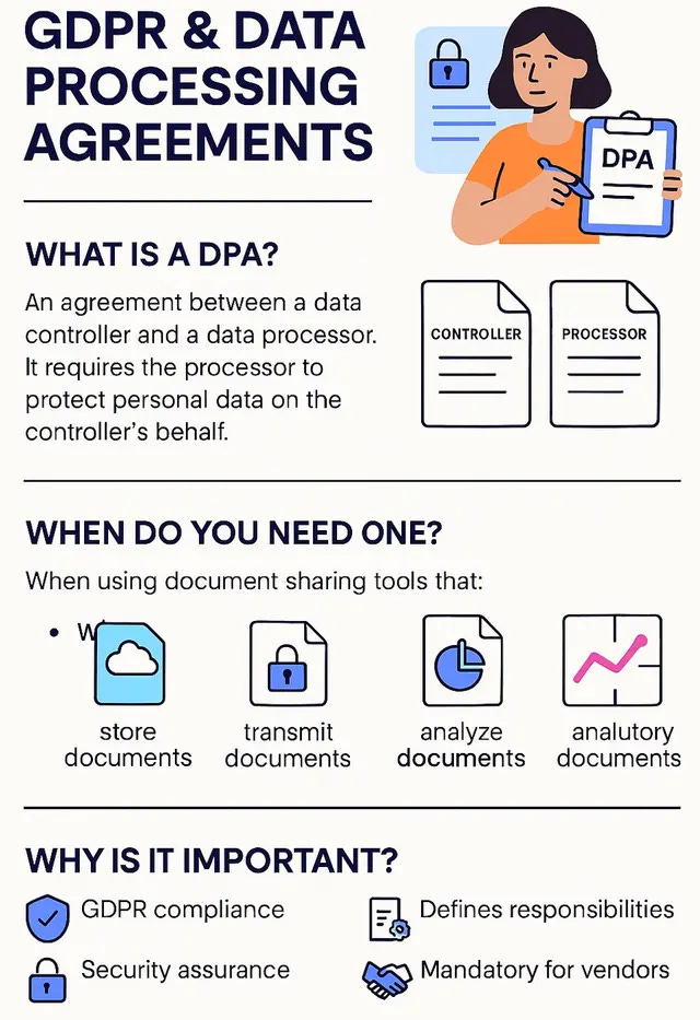 GDPR data processing agreement infographic explaining controller and processor responsibilities. GDPR data processing agreement infographic explaining controller and processor responsibilities.