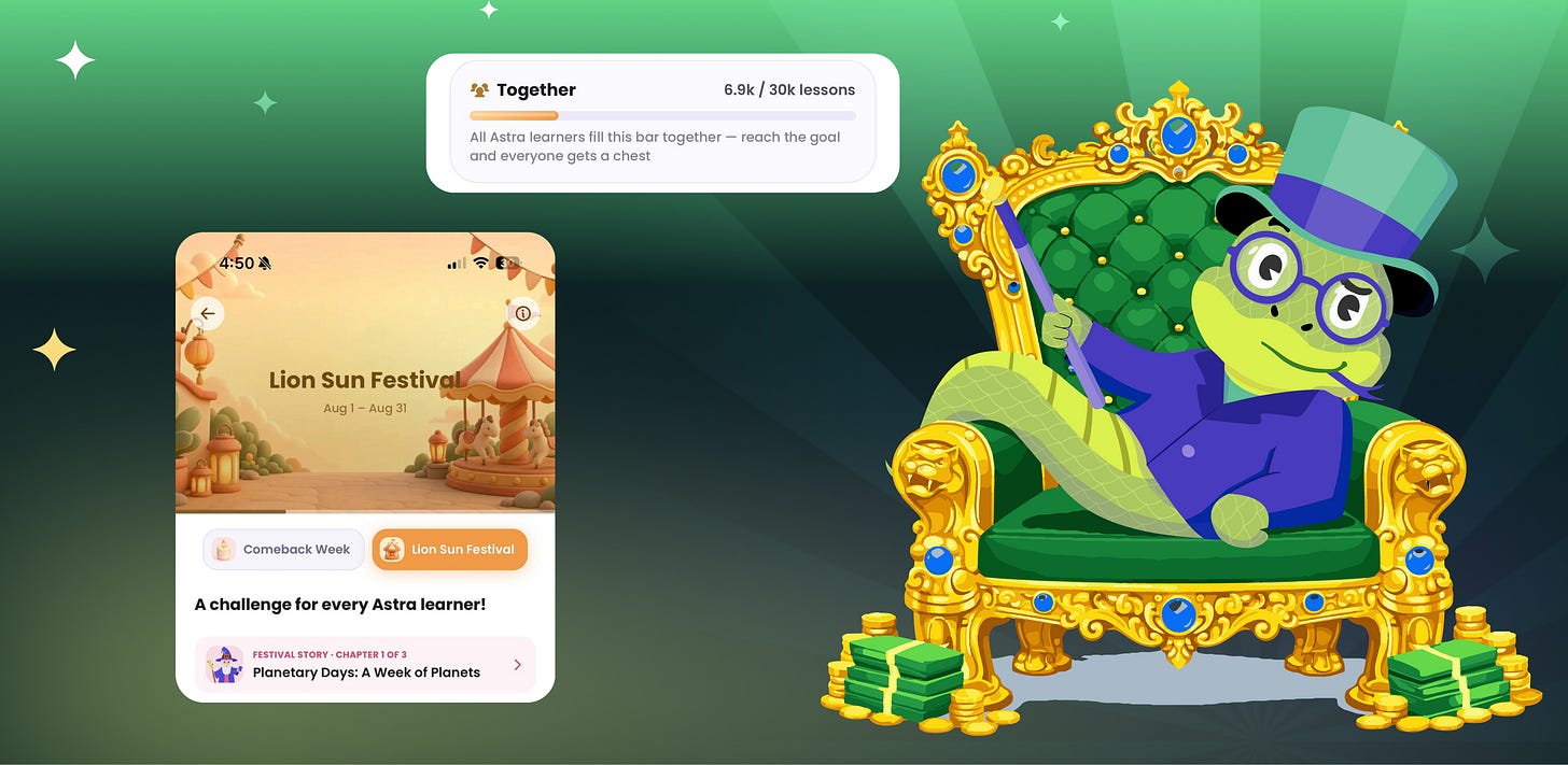 The lizard mascot sitting on a green throne beside app screens showing a shared learning goal and a daily challenge. The lizard mascot sitting on a green throne beside app screens showing a shared learning goal and a daily challenge.