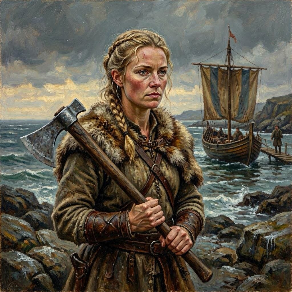 blonde viking woman, hair tied back, holding axe, 30 years old, determined look, coast, sailboat, medieval, fantasy painting blonde viking woman, hair tied back, holding axe, 30 years old, determined look, coast, sailboat, medieval, fantasy painting