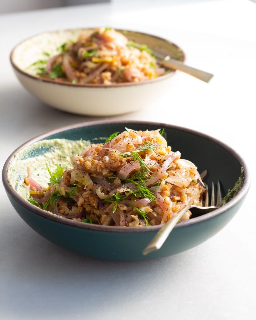 Caramelized Onion Farro with Caramelized Lemon Dressing