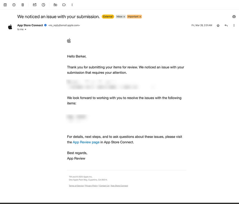 An App Store rejection mail for not following the guidelines from Apple