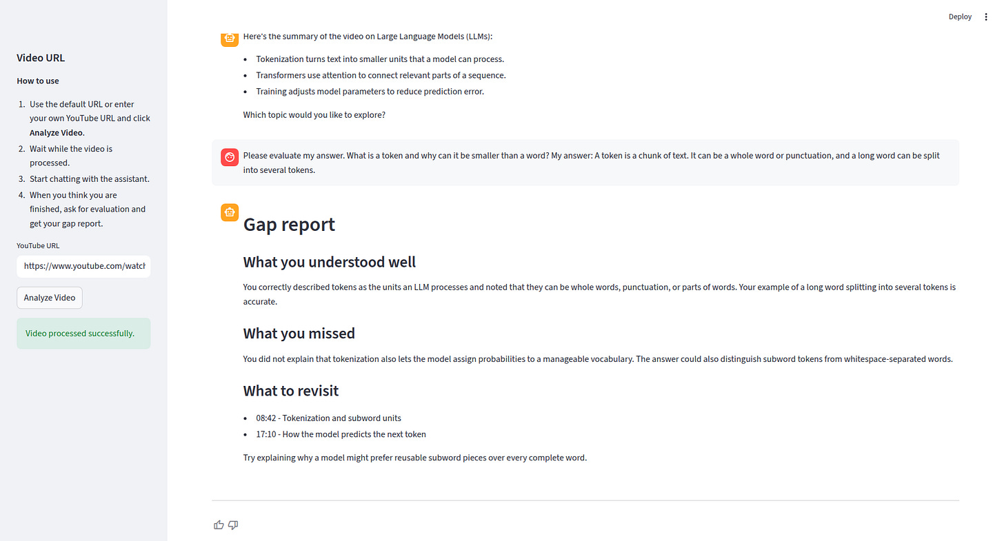 GapFinder report separating understood concepts from missed concepts and listing video timestamps to revisit