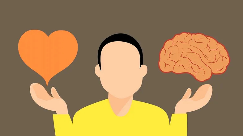 A person holding a heart in one hand and a brain in the other.